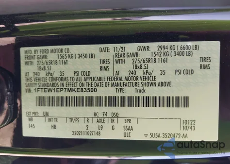 2021 Ford F-150 Lariat z USA, uszkodzony, nr VIN 1FTEW1EP7MKE83500